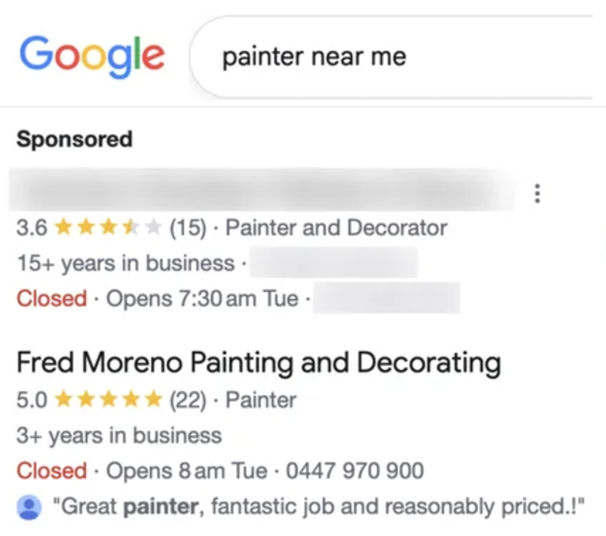 Google search for painter near me showing Fred Moreno Painting and Decorating as the first organic listing